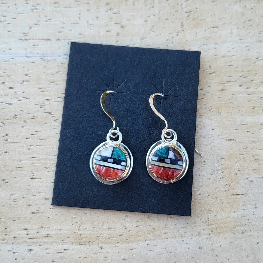 Zuni Sun Face Inlay Turquoise & Spiny Oyster Dangle Earrings NA Handmade Jewelry - Picture 7 of 8